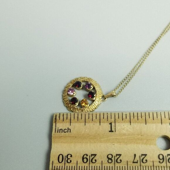 Vintage Anson Red Purple Pink Rhinestone Round Circle Pendant Necklace, 18 Inch - Picture 5 of 7